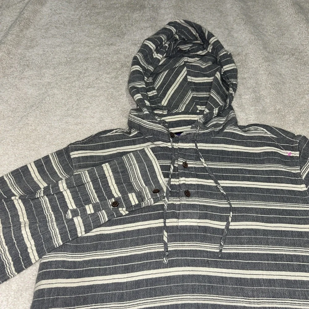 Patagonia Men's Medium Fjord Organic Cotton Hoodie Grey Striped Henley - Picture 1 of 10